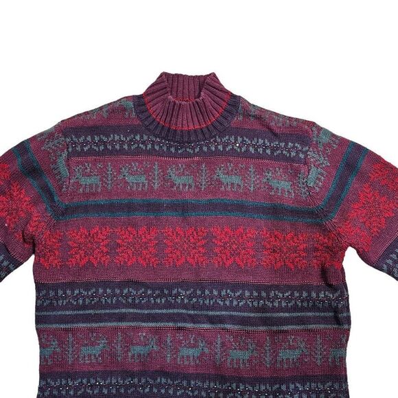 Vintage 90s Talbots Sweater Womens Size M Red Moose Holiday Fair Isle Mock Neck - Picture 2 of 9